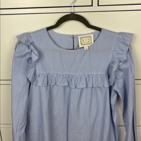 Sail to Sable Pinstripe White and Blue Ruffle Dress - S - Picture 4 of 10